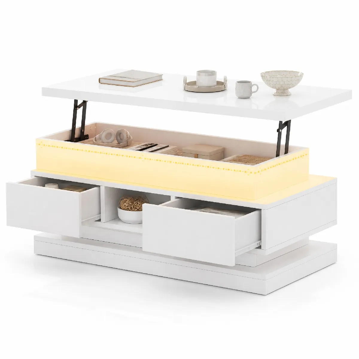 Table Basse Relevable 100x50x40 Cm Avec Led, 2 Tiroirs Et Rangement Caché, Blanche
