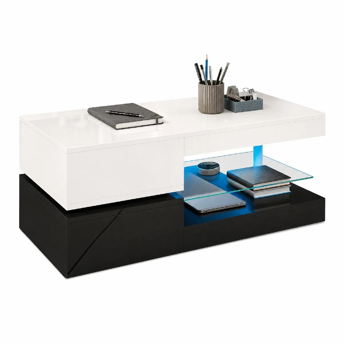 Table Basse Moderne - Table Basse LED Laquée Haut Brillant avec Contrôle APP et Bluetooth - 90x45x35,5 cm - Noir et Blanc