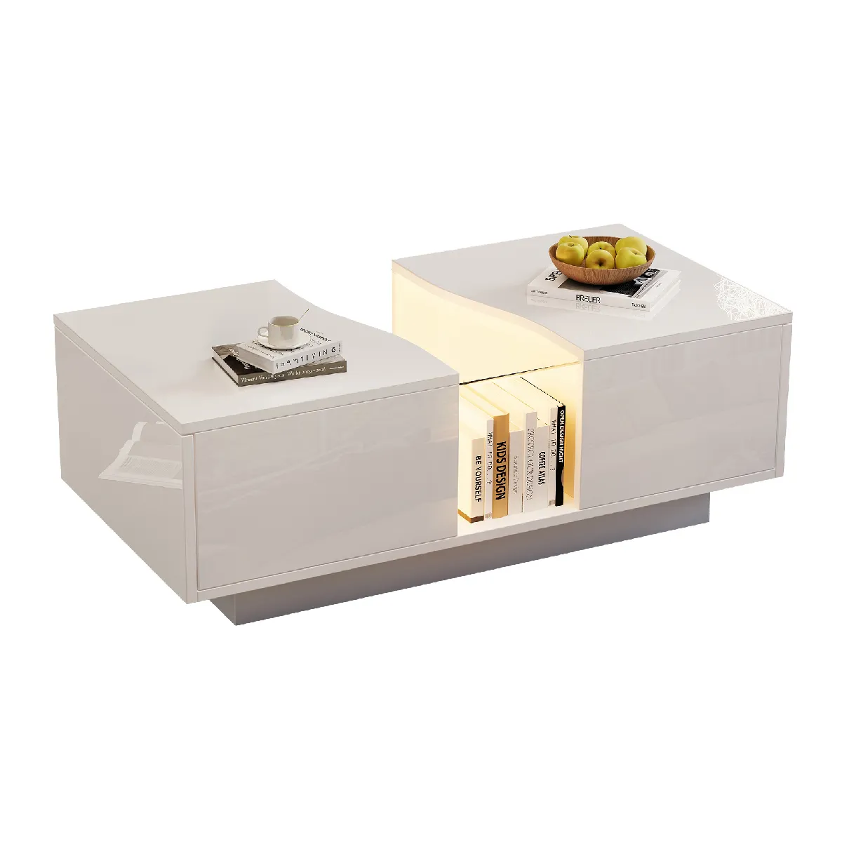 Table Basse, Meubles de Salon avec 2 Tiroirs et Éclairage LED Intégré - MDF et Acrylique, Blanc, 100x50x35 cm