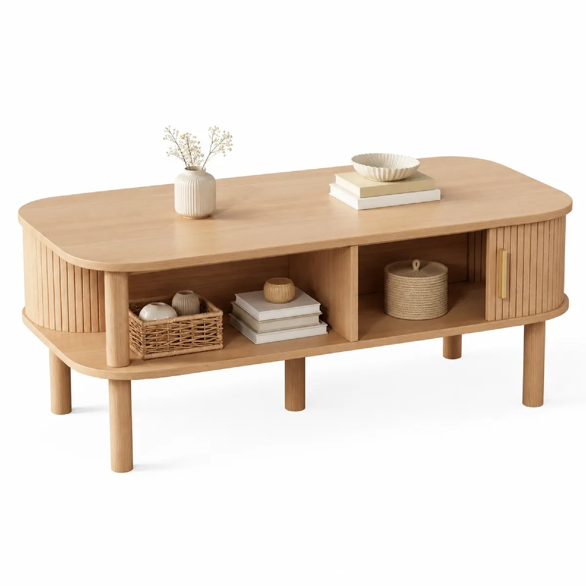 Table Basse Rectangulaire 110 Cm Avec Porte Coulissante Et Rangement Ouvert, Bois Naturel