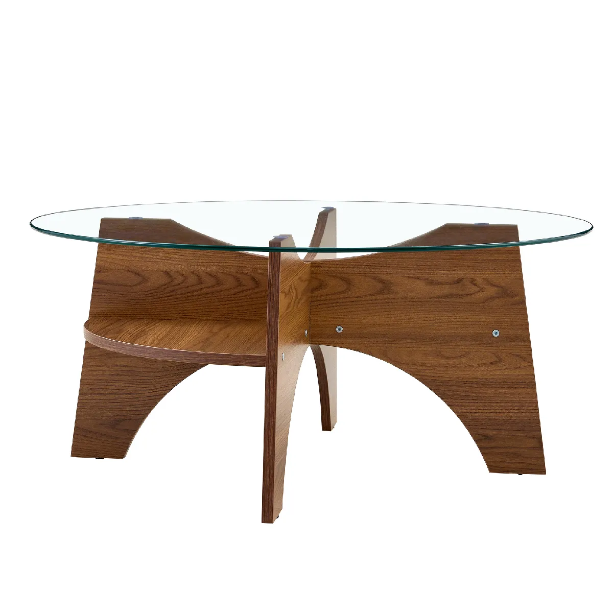 Table Basse - Table Ronde avec Structure en Éventail, Meuble de Salon en Verre et MDF - 80x80x36 cm - Transparent + Noyer