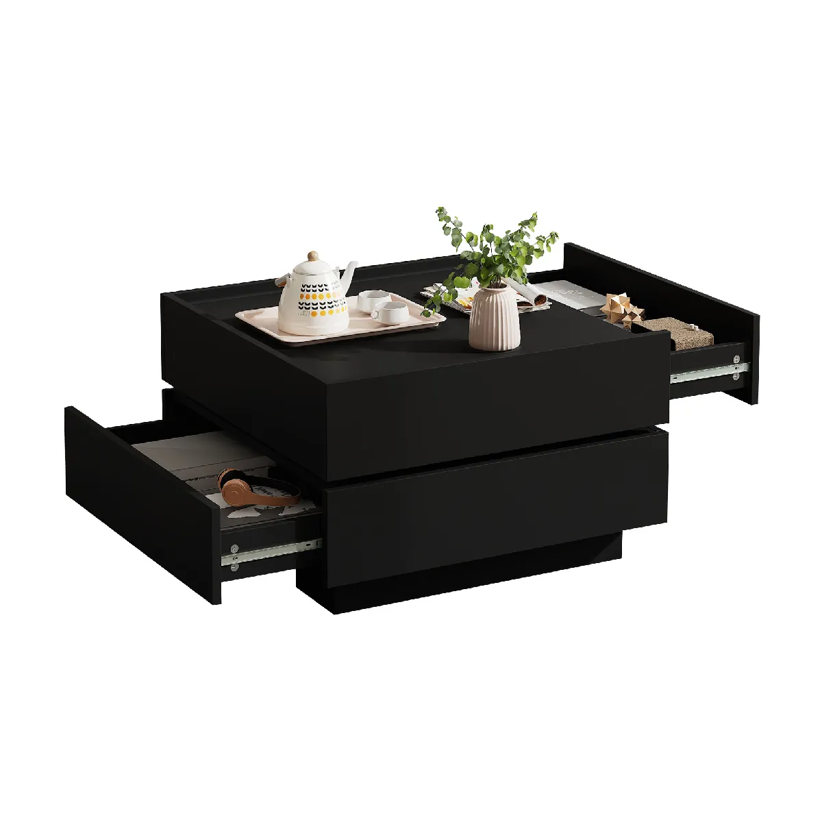 Table Basse Pivotante - Tables de Salon avec Plateau et Rangement à 2 Niveaux, MDF, Noir, 60x60x38 cm