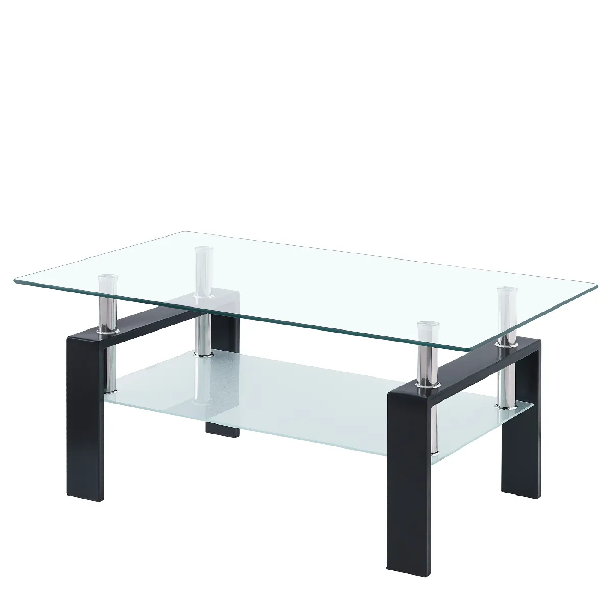 Table Basse Double Plateau Avec Espace De Rangement, Structure En Métal, Verre Trempé Transparent, 100x60x44 Cm