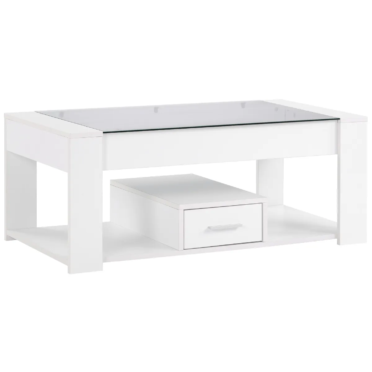 Table Basse Salon avec Plateau en Verre et Rangement Fermé, Meubles de Salon en Panneau de Particules, Blanc, 100x50x40 cm