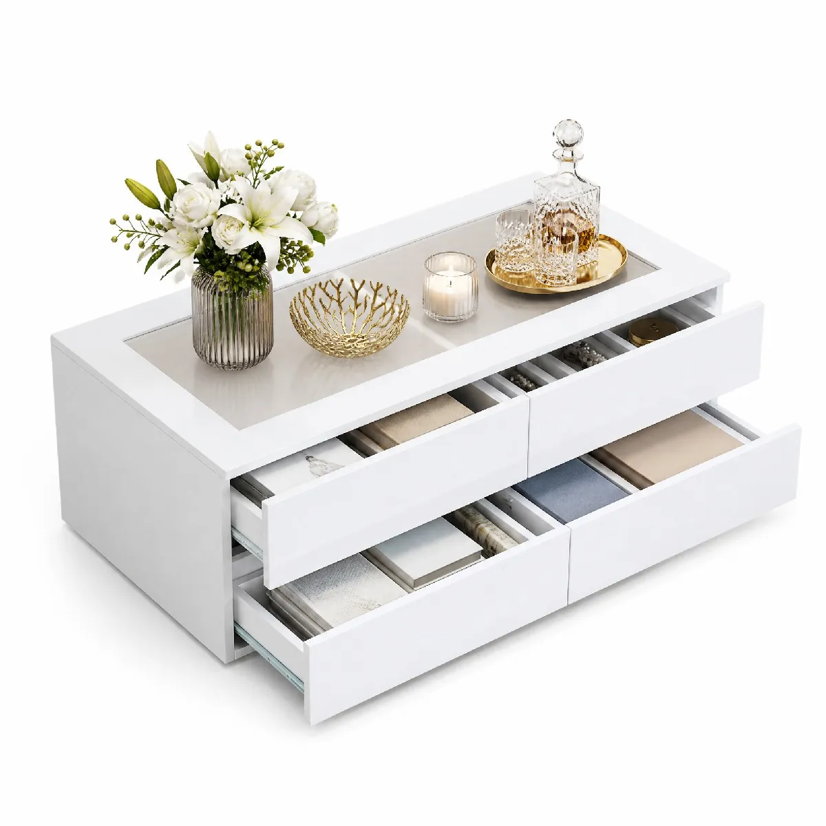 Table basse rectangulaire avec 4 tiroirs et éclairage LED en verre trempé et panneaux de particules blanc 100 x 50 x 40 cm