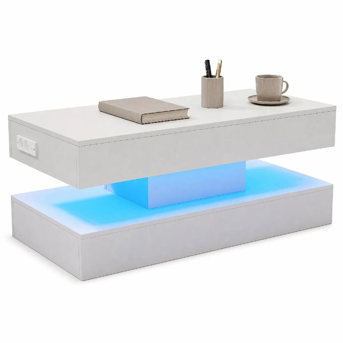 Table Basse - Tables de Salon avec Rangement Caché et LED, Système Hydraulique, Panneau de Particules, Blanc, 100x50x42 cm