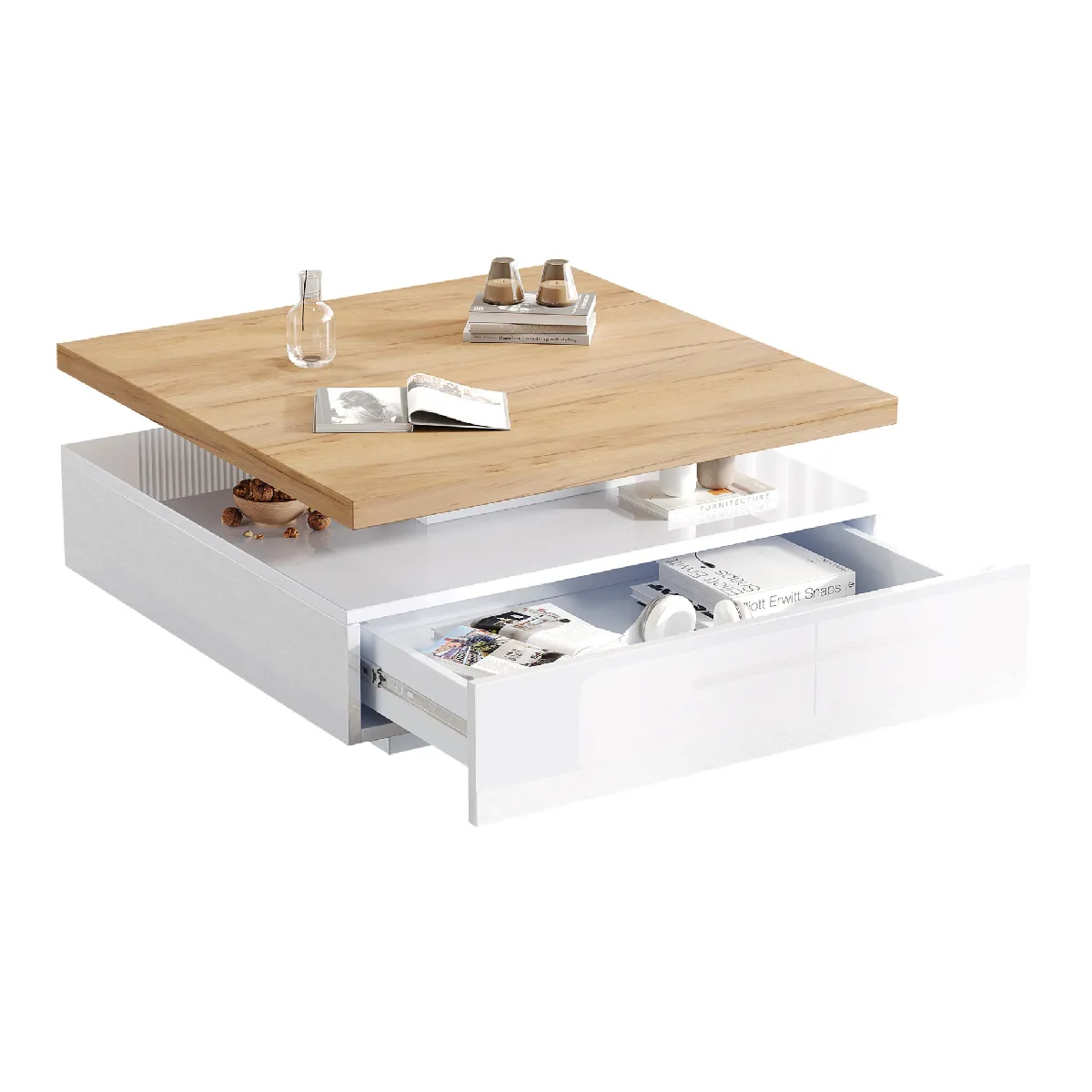 Table basse rotative carrée avec tiroirs et rangement, meuble multifonctionnel en panneau de particules, blanc/noyer, 70x70x36 cm