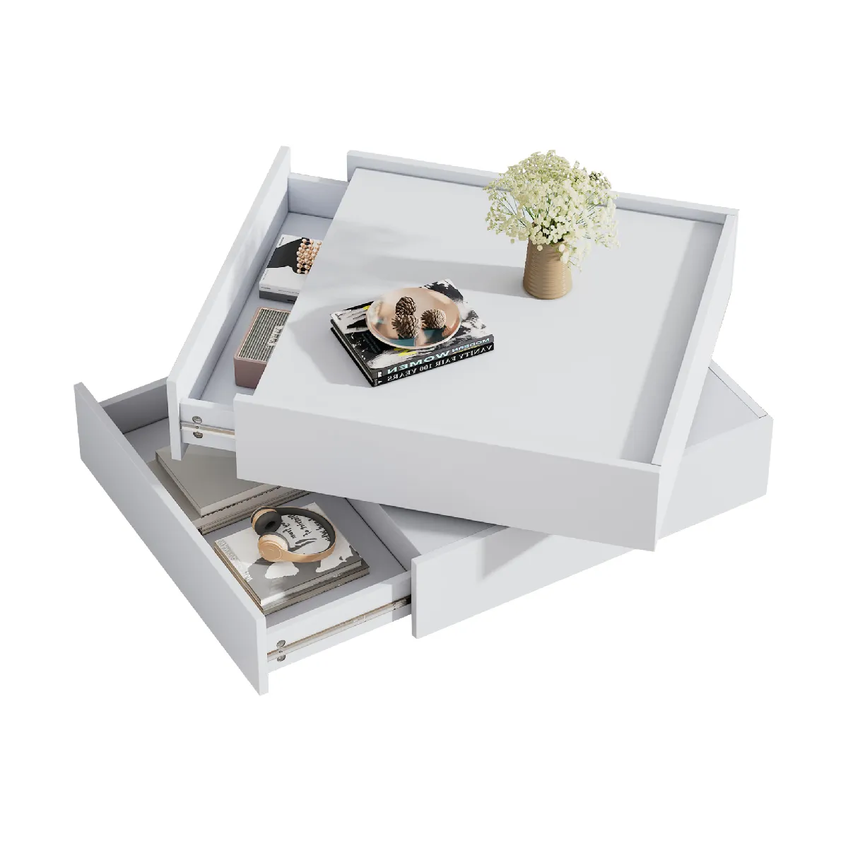 Table Basse Carrée, Table Basse Pivotante avec Double Plateau et 2 Tiroirs, 60x60x38 cm, Blanc