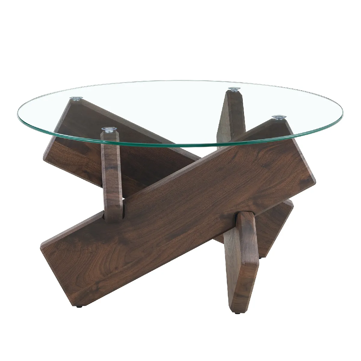 Table Basse Ronde 79cm - Surface en Verre Trempé et Pieds en Bois Noyer, design Moderne pour Salon