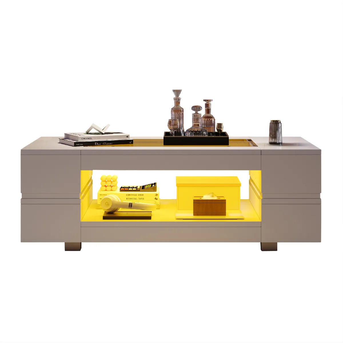 Table Basse LED avec Contrôle Bluetooth - Moderne à Double Niveau et design Creux, MDF et Verre Trempé, Blanc, 100x50x35 cm