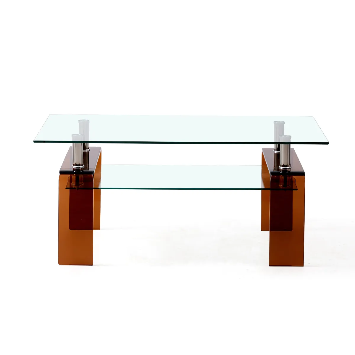 Table Basse De Salon Transparente En Verre Trempé 2 Niveaux Avec Tablette De Rangement Et Pieds Bruns 100x55x45 Cm