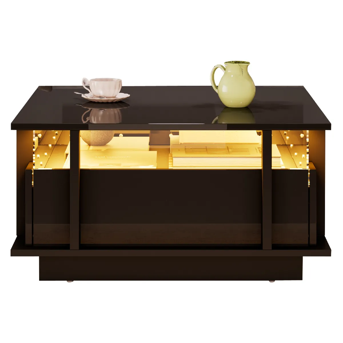 Table Basse Avec 2 Tiroirs, Éclairage Led Et Séparations En Acrylique Transparent - Noir Brillant - 70x70x35 Cm