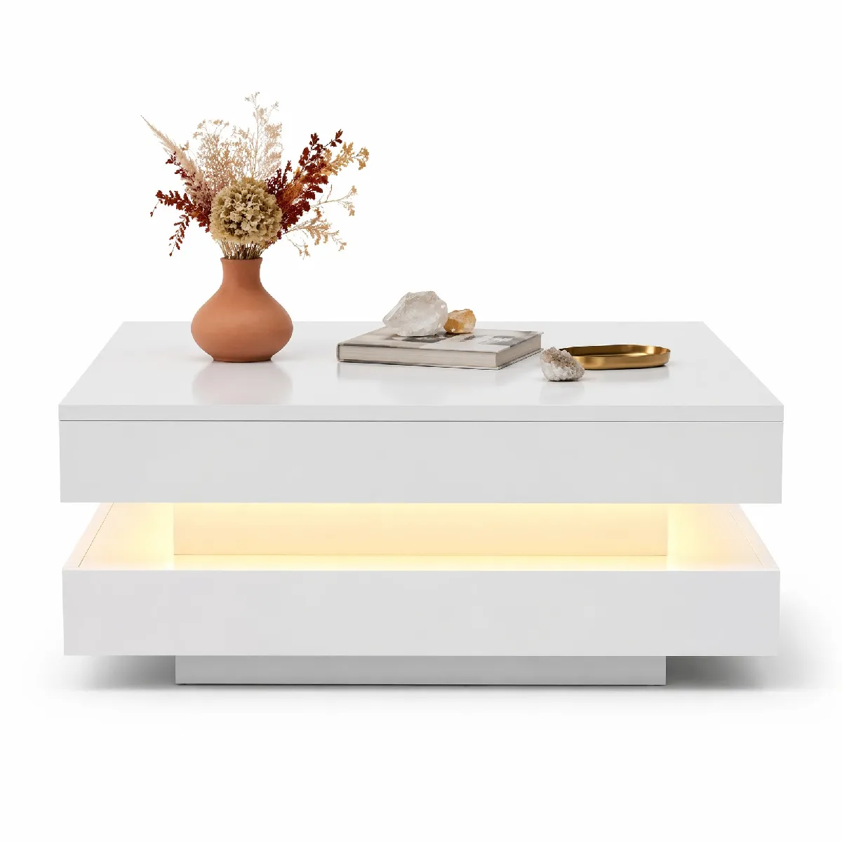 Table Basse 70x70x36 Cm, Plateau Rotatif À 360°, Bande Led, Panneau De Particules Blanc Brillant