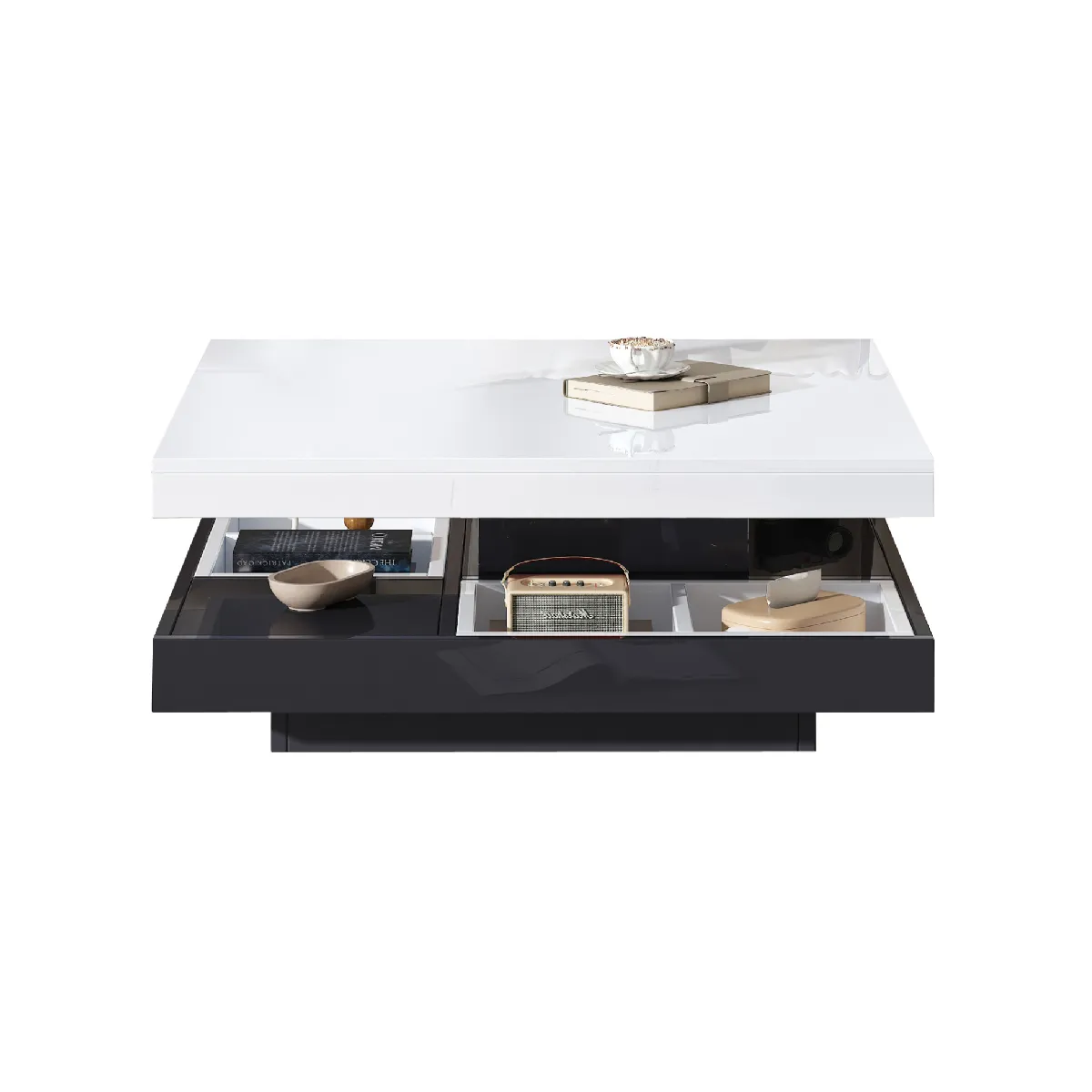 Table Basse de Salon avec Plateau Rotatif et Rangement Intégré, Double Plateau Haut Brillant, Blanc et Noir, 70x70x36 cm