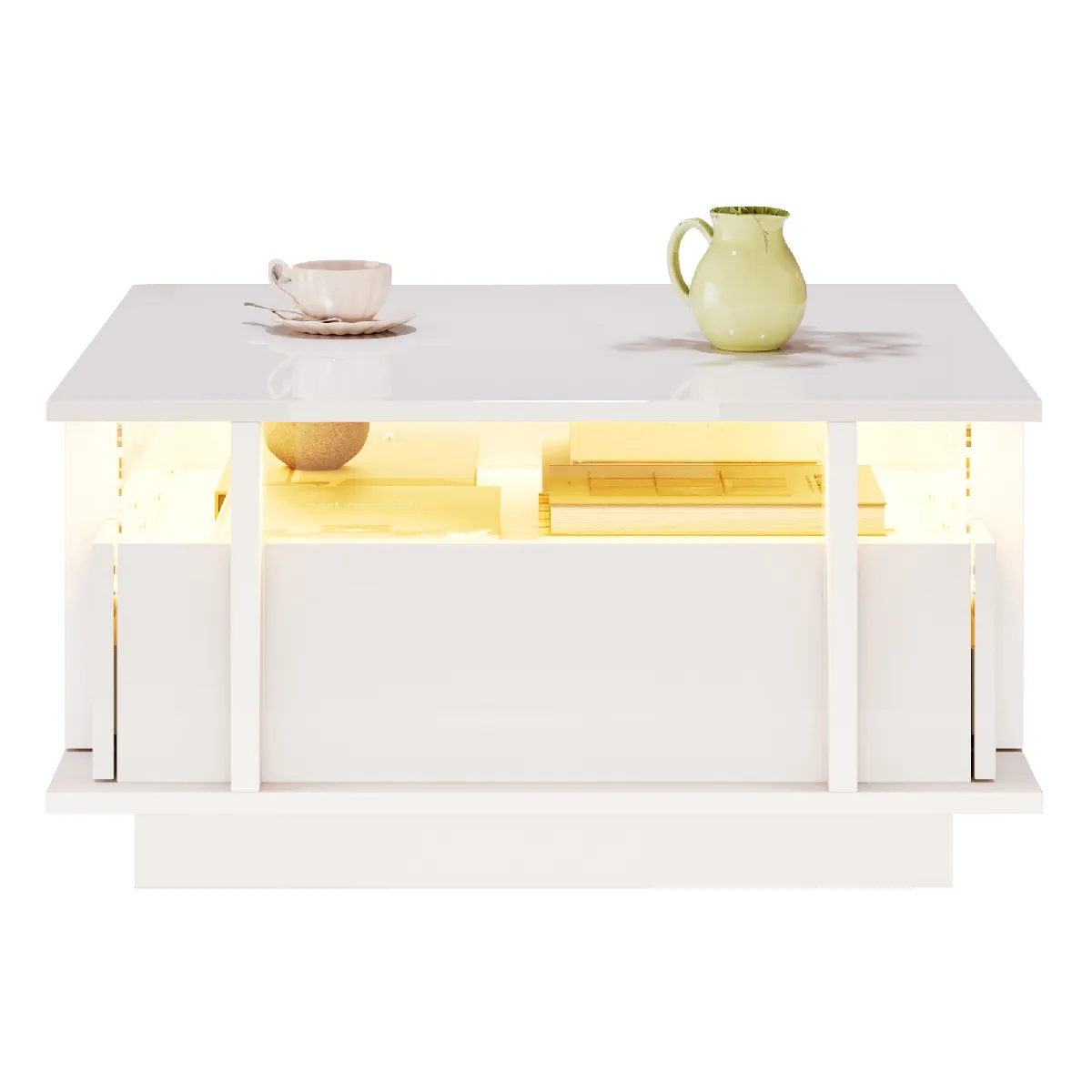 Table Basse Carrée 70x70x35 Cm, Table D'Appoint Avec 2 Tiroirs, Éclairage Led Et Séparations En Acrylique Transparent - Blanc