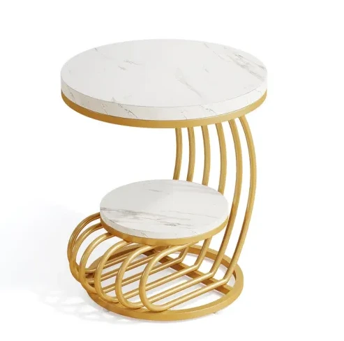 Table Console Ronde Avec Effet Marbre Blanc Et Structure En Métal