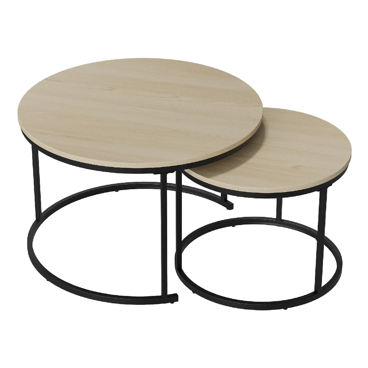 Lot De 2 Tables Basses Rondes Emboîtables Avec Cadre Métallique, Chêne, 70x70x45 Cm