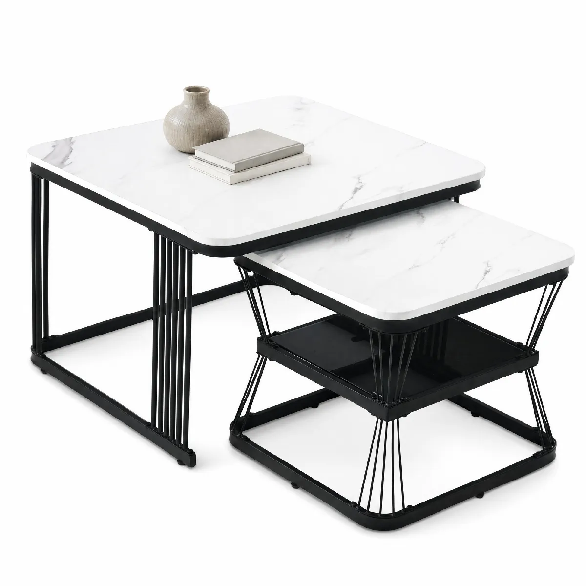 Tables Gigognes Modernes avec Effet Marbre, Lot de 2, Plateaux MDF Haute Brillance, Structure Métal Noir, Blanc