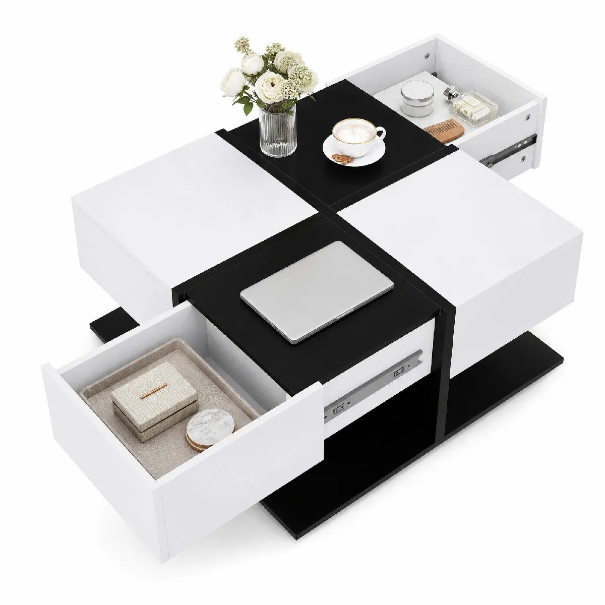 Table Basse Carrée Haute Brillance avec 2 Tiroirs, Design Salon Pratique, Panneaux en Particules, Noir et Blanc, 70x70x35,5 cm