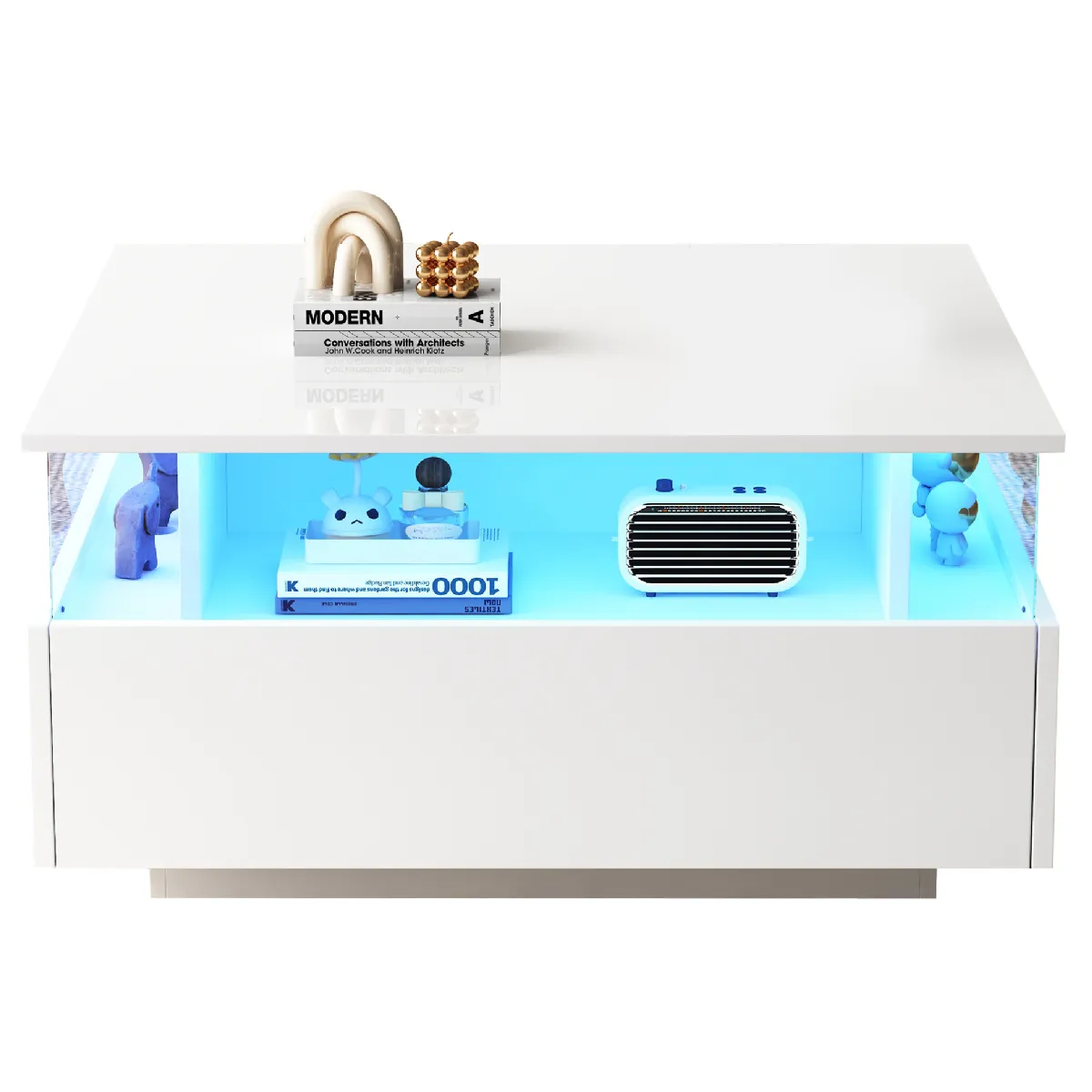 Table Basse Moderne, avec LED et 2 Tiroirs, Vitrine Transparente, Laqué Brillant en Panneau de Particules - 70x70x41 cm, Blanc