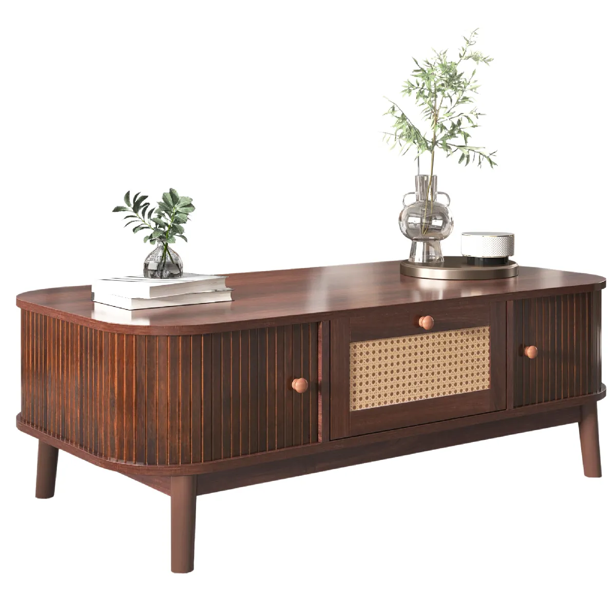 Table basse en rotin marron avec tiroirs 110x55x38,5 cm