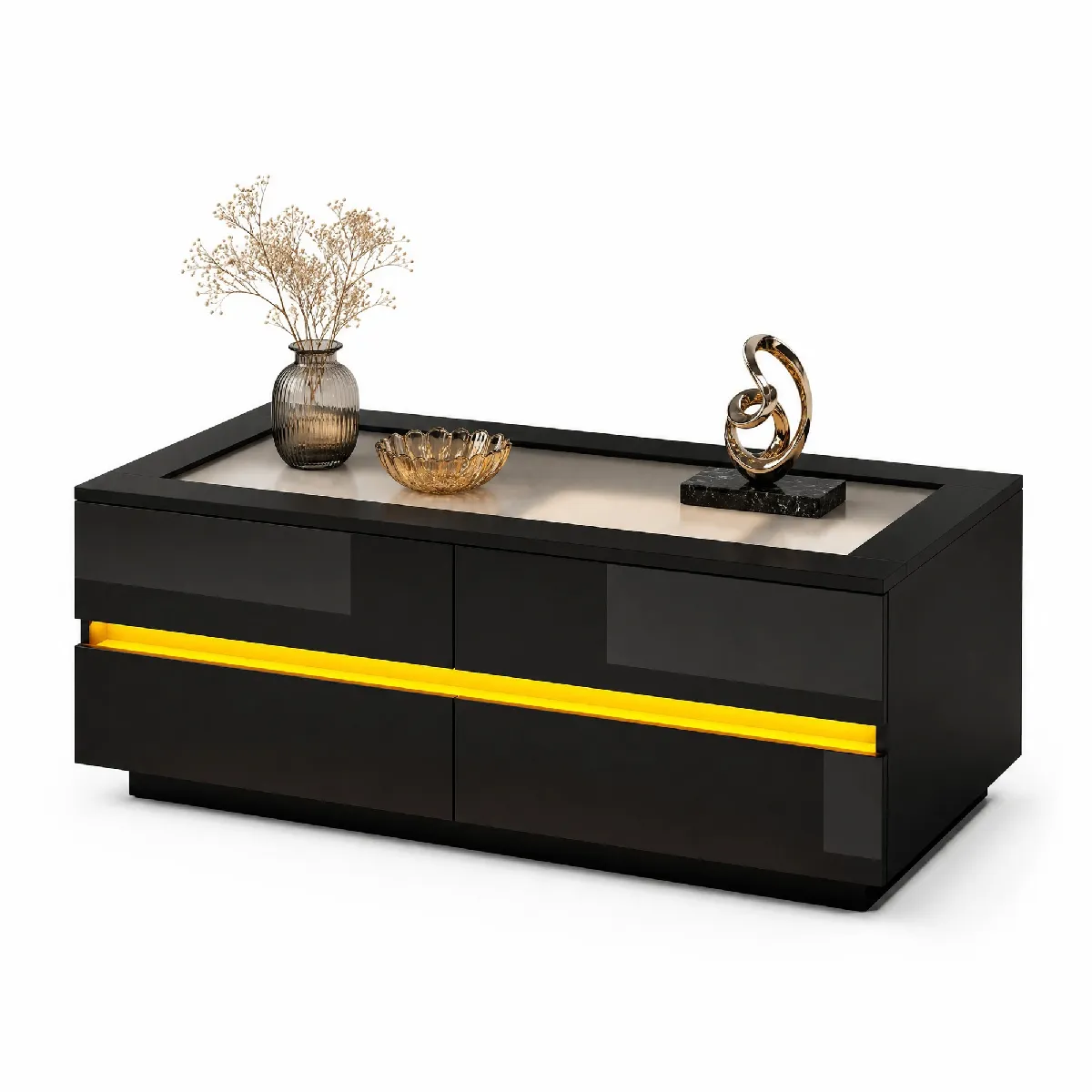 Table basse avec 4 tiroirs éclairage LED plateau en verre trempé en panneaux de particules noir 100 x 50 x 40 cm