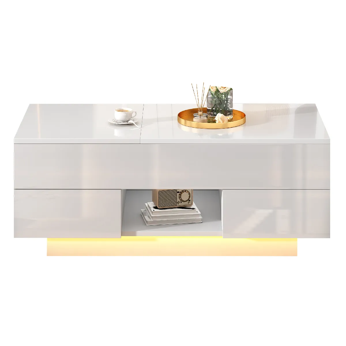 Table Basse Relevable Avec Led Et 2 Tiroirs, Blanc, 100x45x43 Cm