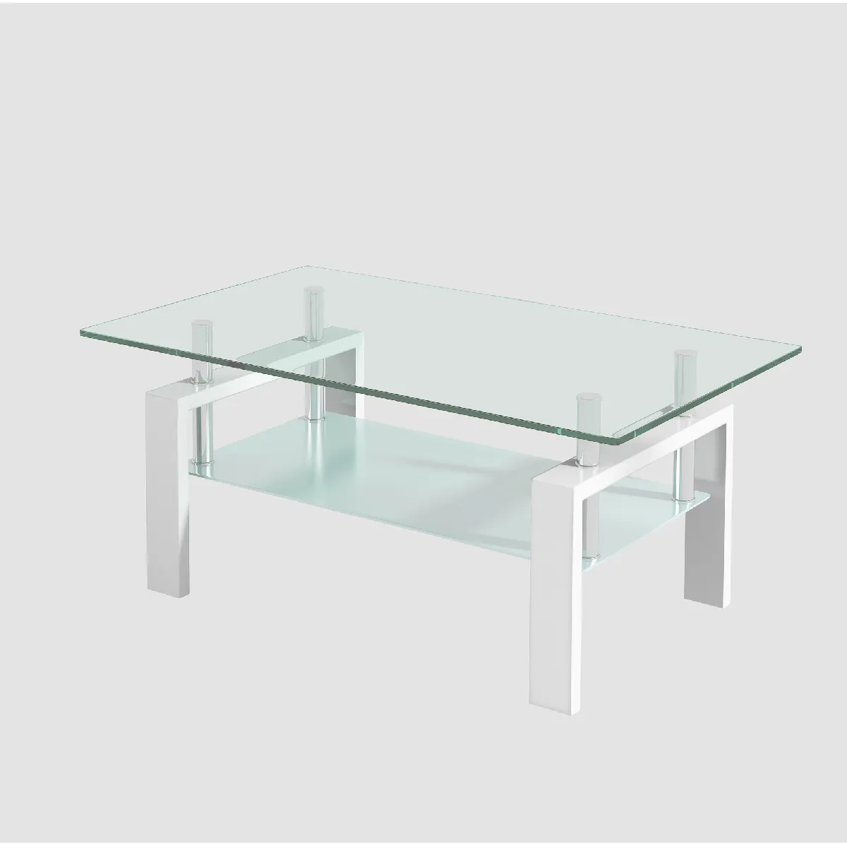 Table Basse De Salon Blanche 100x60x44 Cm Avec Double Plateau En Verre Trempé Et Structure Métal