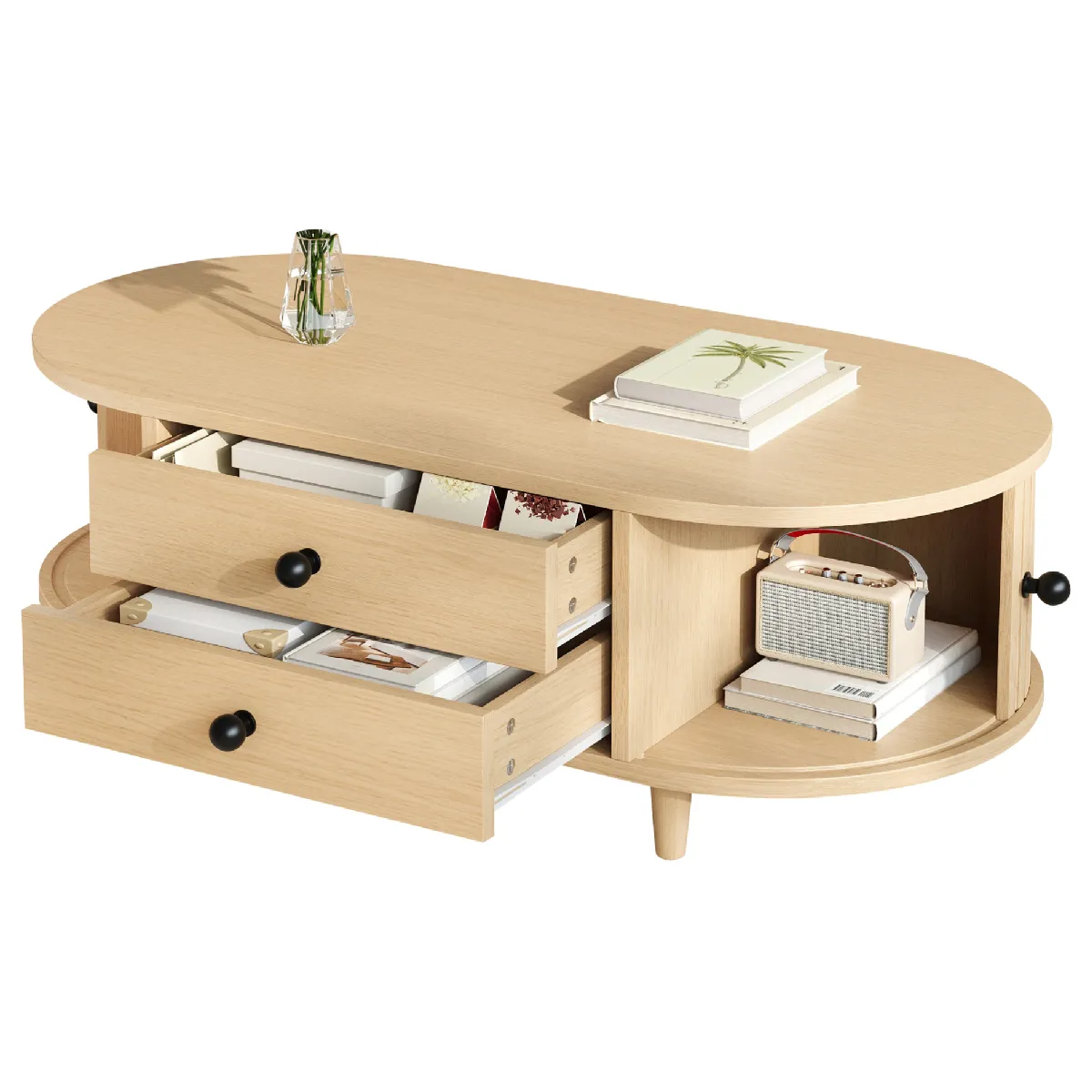 Table basse avec portes à rideau latérales et 2 tiroirs en MDF pieds en Bois couleur bois naturel 100 x 50 x 36 cm