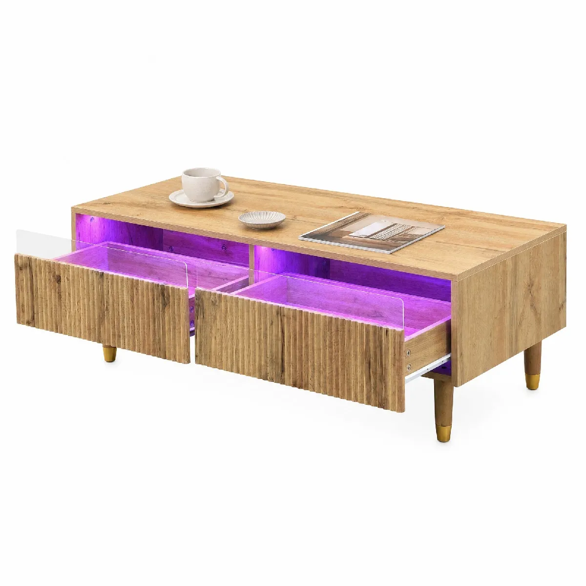 Table Basse - Table Basse Moderne Brun avec LED Multicolores et Tiroirs, Table de Salon Design Ondulée avec Pieds Dorés Élégants