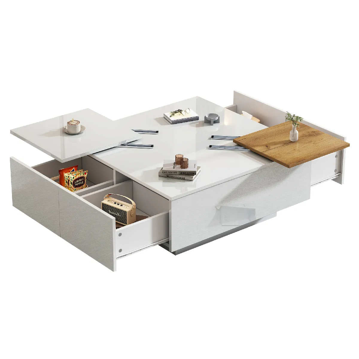 Table Basse de Salon, Plateau Coulissant et Rangement Intégré - Moderne en Panneau de Particules Blanc et Naturel, 75x75x33,5 cm