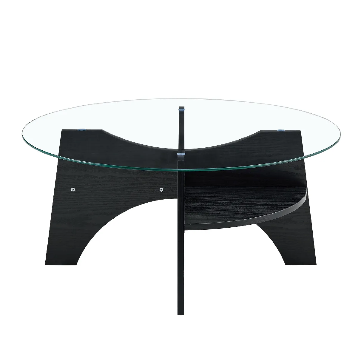 Table Basse Ronde avec Verre de Sécurité et Pieds en MDF Noir - design Moderne pour Salon ou Bureau