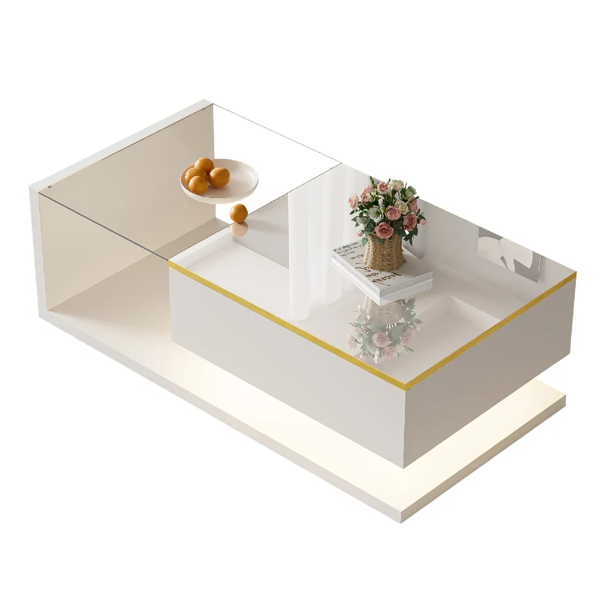 Table Basse Moderne Haute Brillance avec Plateau en Verre et Éclairage LED, MDF Blanc, 100x50x32,5 cm