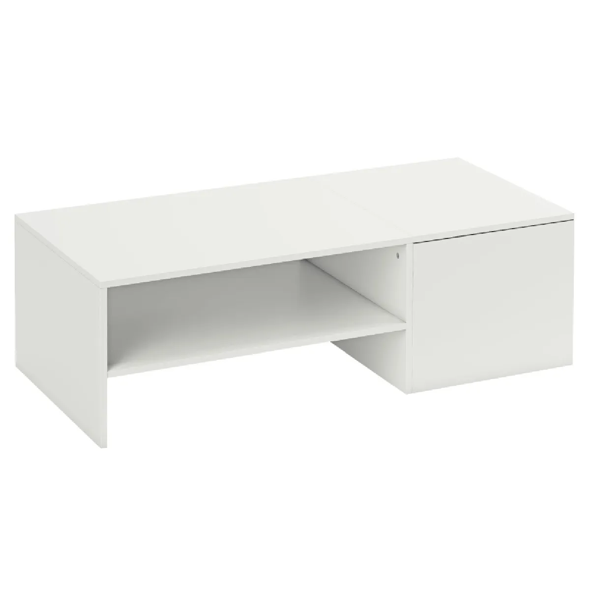Table basse avec plateau coulissant compartiment caché étagère ouverte en panneaux de particules surface mélaminée blanche