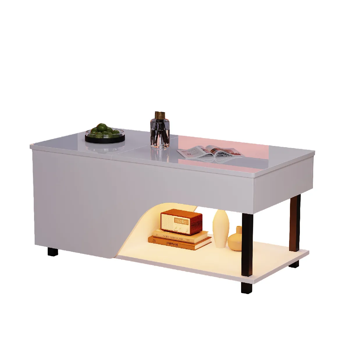 Table basse avec plateau relevable rangement dissimulé étagères réglables éclairage LED en panneaux de particules blanc