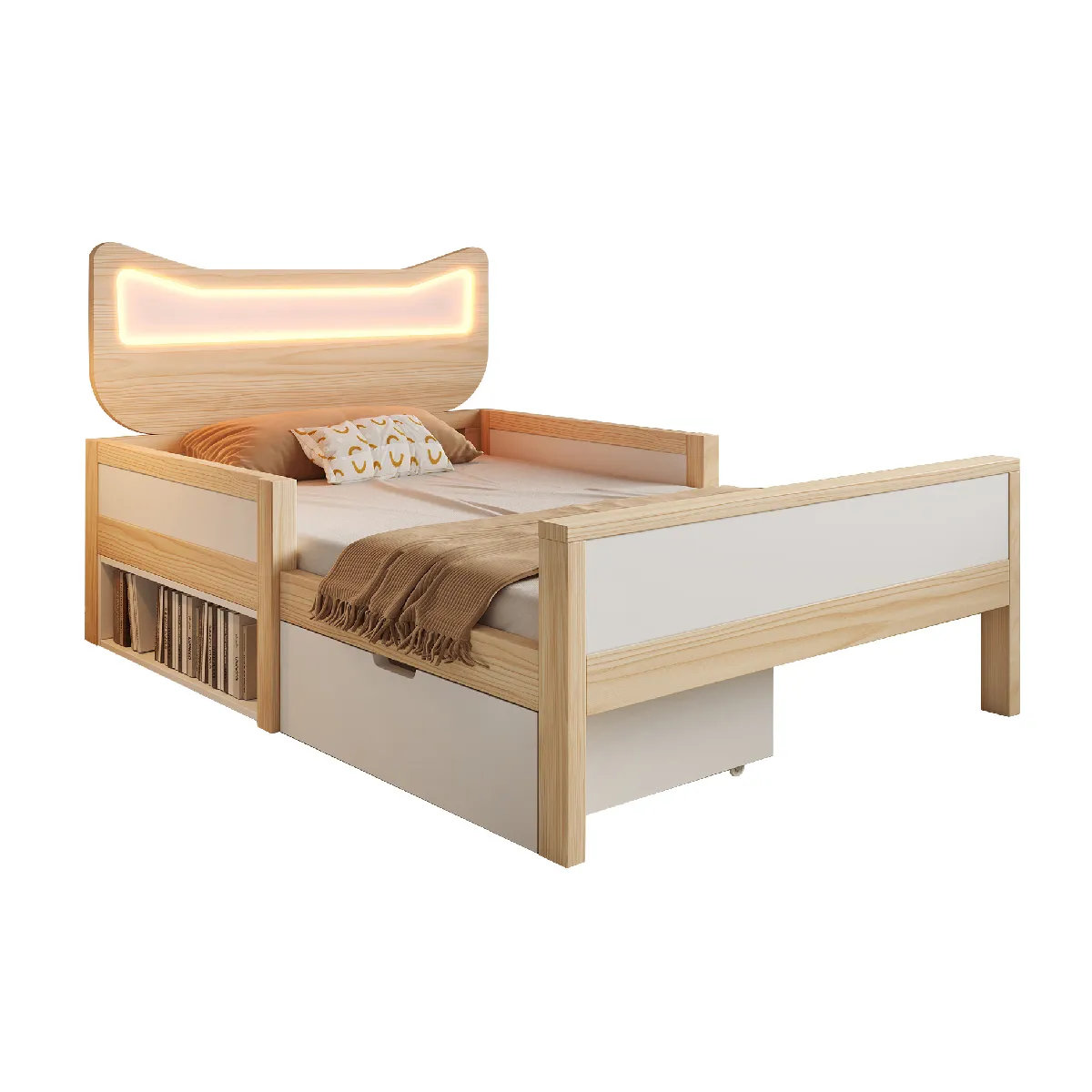 Lit Enfant 90x190 Cm Avec Led Rgb, Tiroir Et Niche De Rangement Réversibles, En Bois, Blanc Et Chêne, Sans Matelas