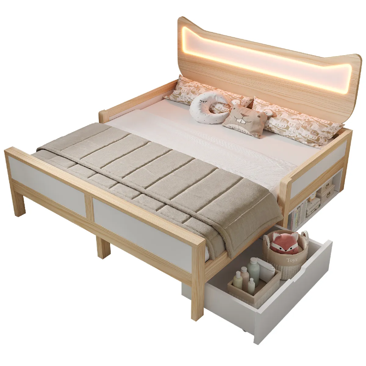 Lit Enfant 140x200 Cm Avec Led Et Tiroir De Rangement Réversible, En Bois, Blanc Et Chêne, Sans Matelas