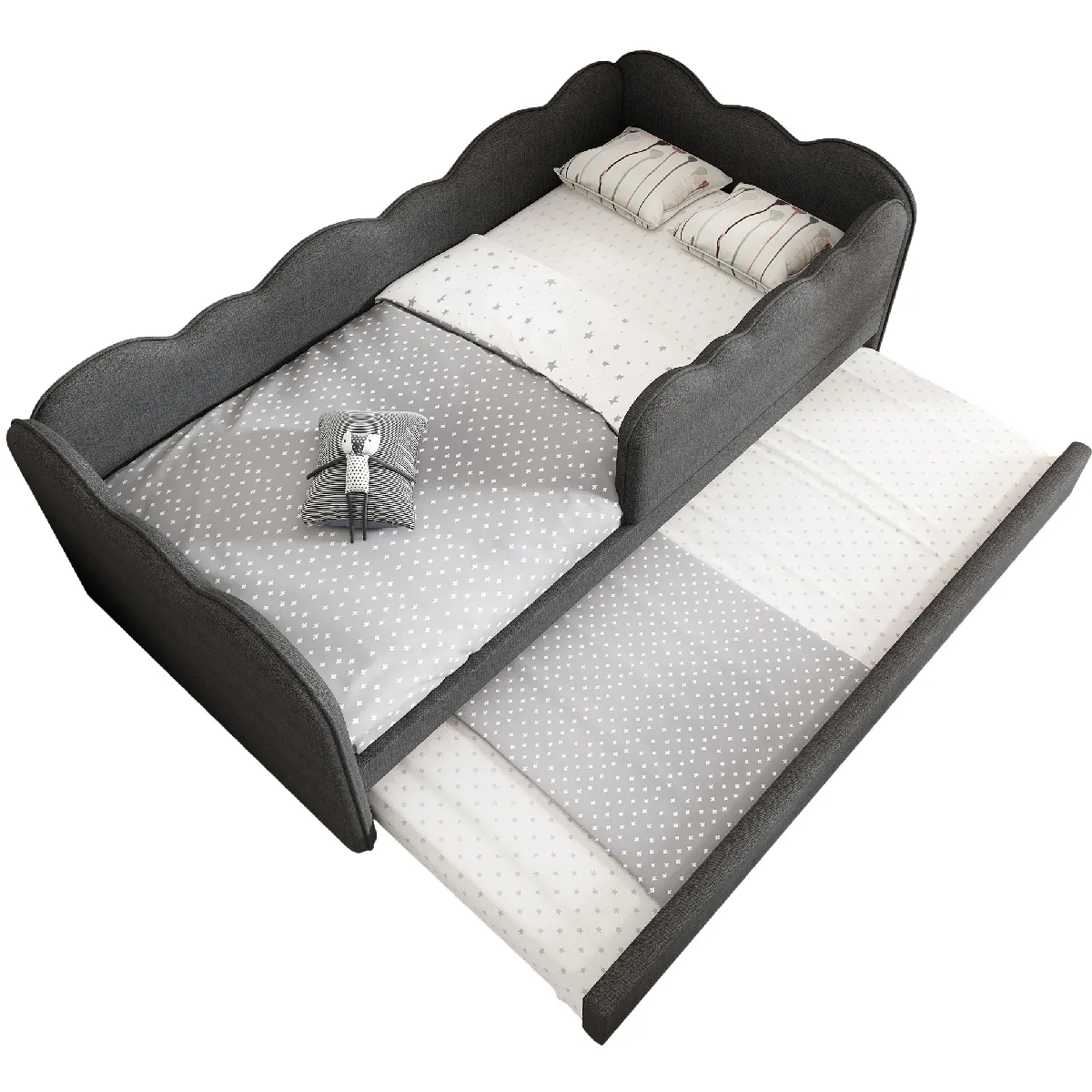 Lit enfant en lin gris avec lit gigogne 90 x 190 cm