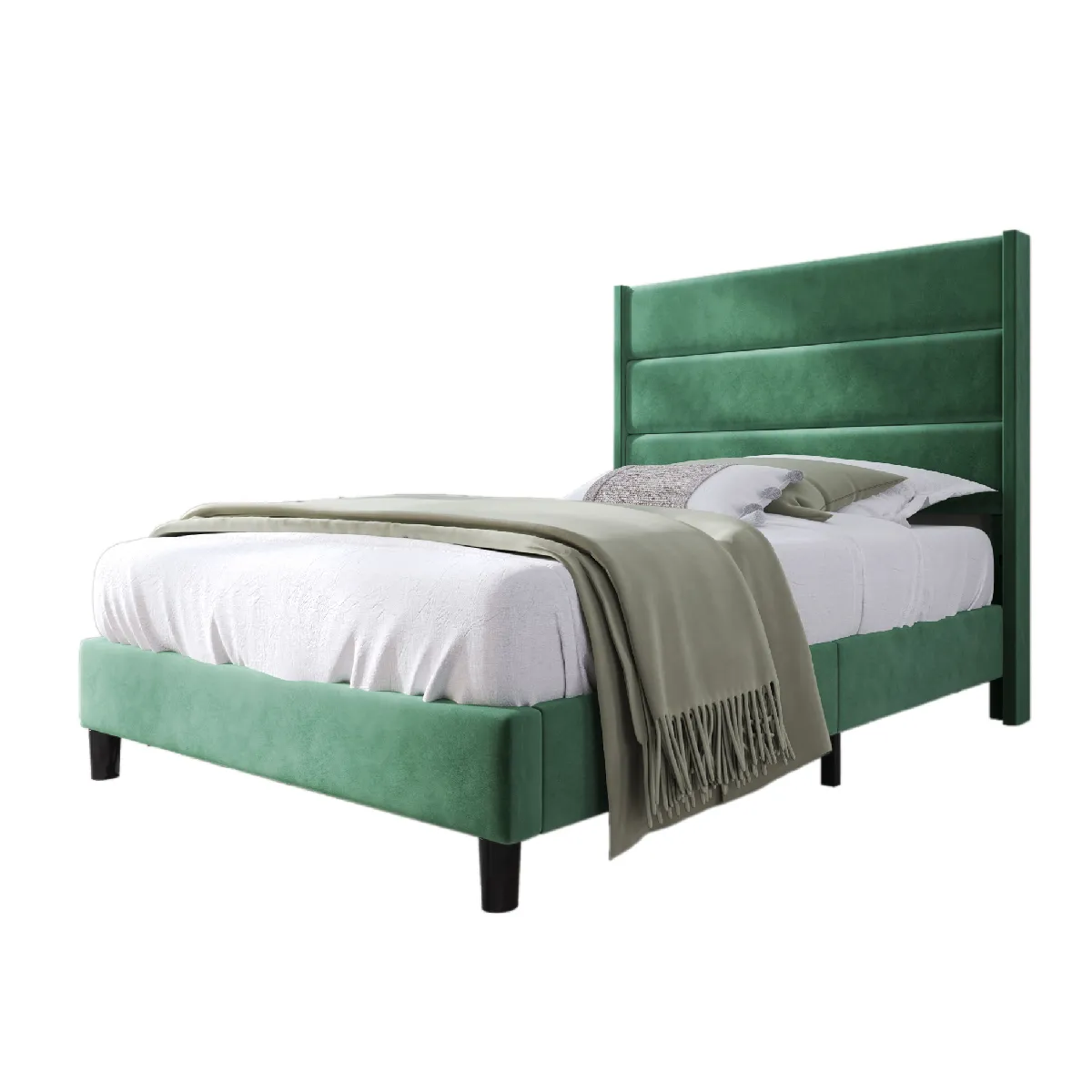 Lit simple 90x200 cm - Lit adulte capitonné avec tête de lit - Lin - Sans Matelas - Vert Foncé
