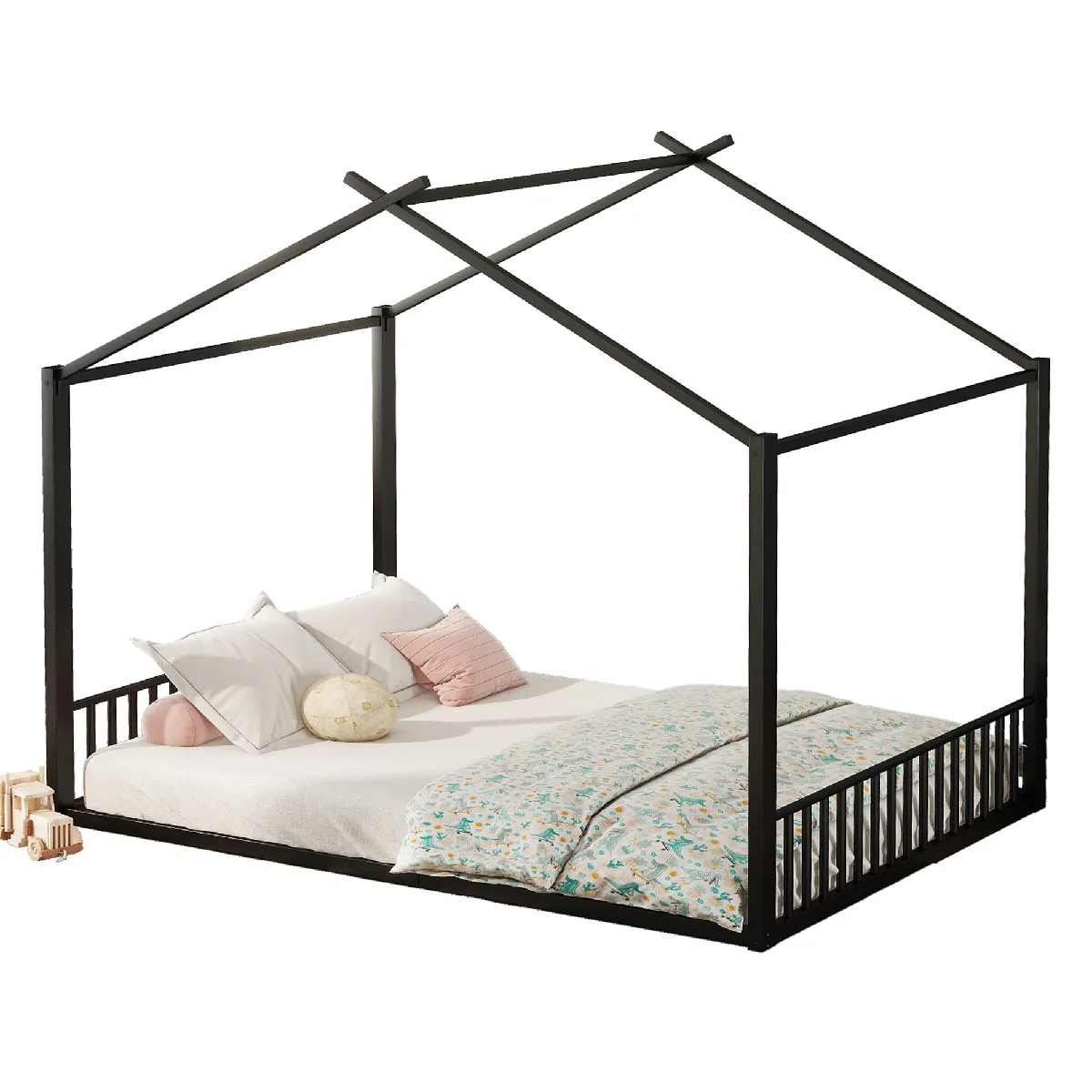 Lit Cabane 140x200 cm - Lit enfant avec Sommier à Lattes - Métal - Sans Matelas - Noir