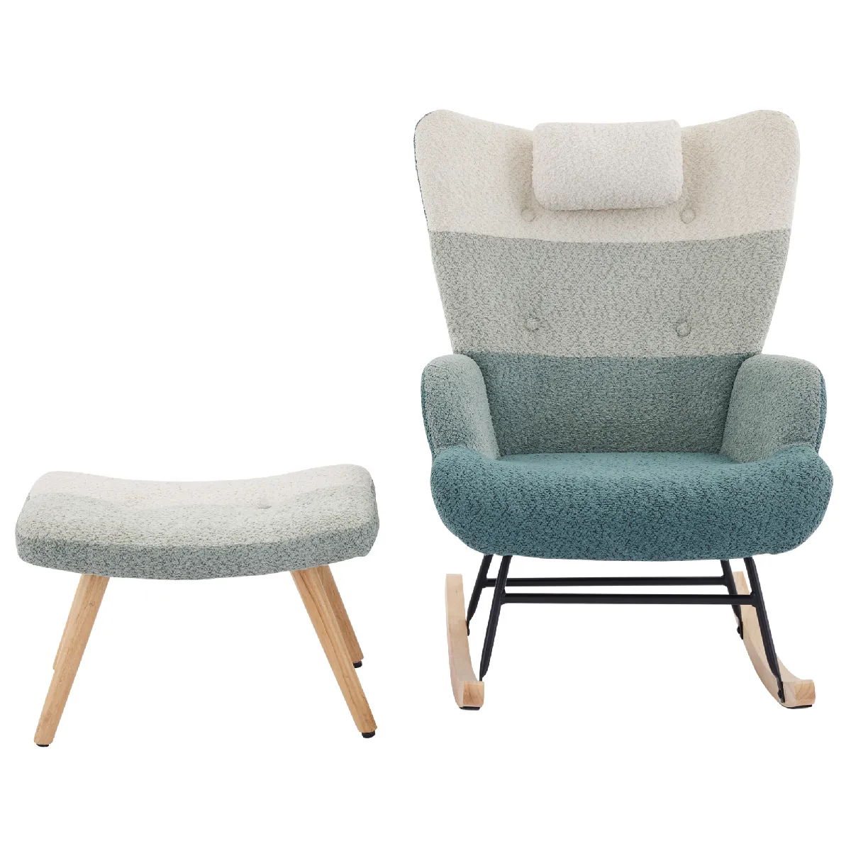 Fauteuil à Bascule, avec Repose-Pieds et design Patchwork Coloré, Structure Bois et Métal, Tissu Bouclé - Multicolore