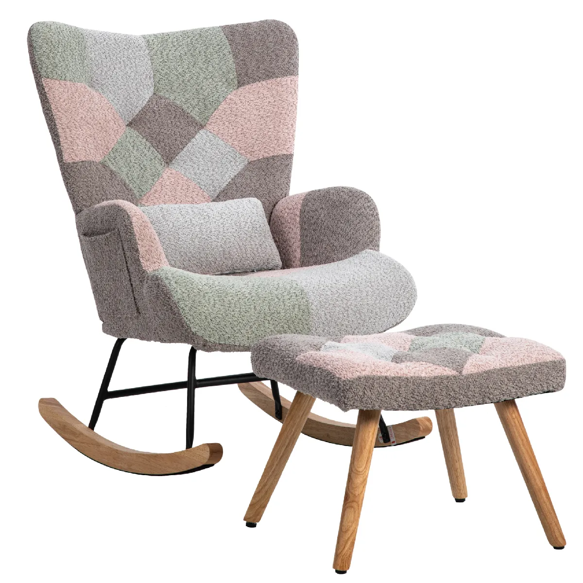 Fauteuil à Bascule - Rocking Chair avec Repose-Pieds, Coussin Lombaire et Poche Latérale - Métal et Bois - 48x43x91 cm - Coloré