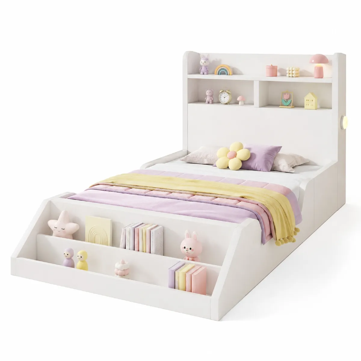 Lit Enfant 237.5x94x85 Cm, Deux Veilleuses Réglables, Tête De Lit Avec Rangements, Étagère Amovible, Bois Blanc