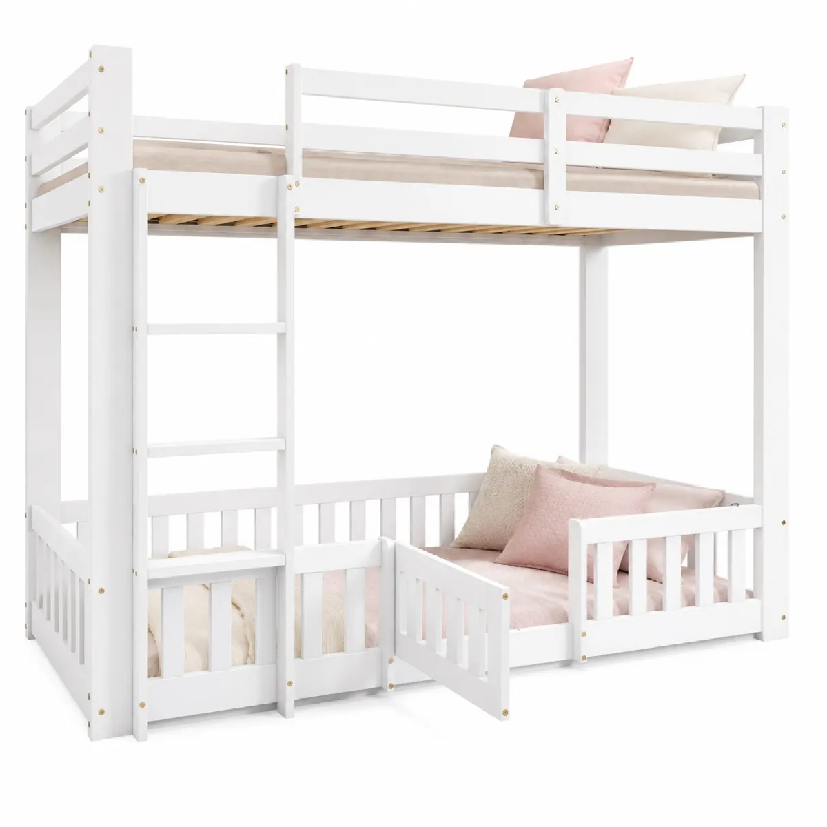 Lit superposé en pin blanc avec escalier et porte 90 x 200 cm