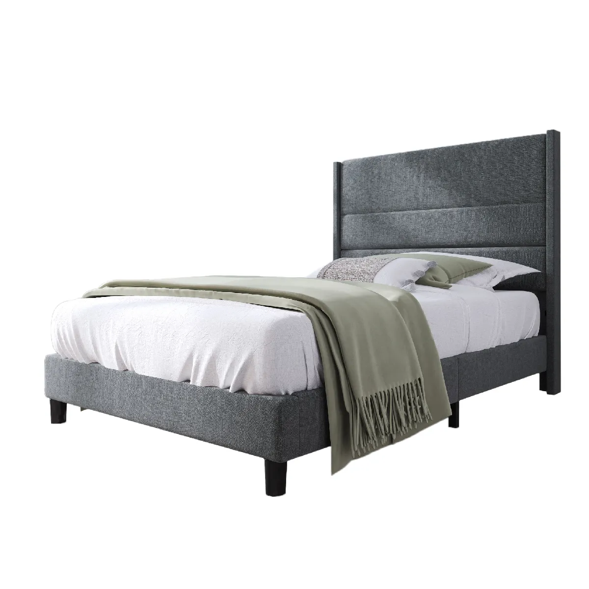 Lit simple 90x200 cm - Lit adulte capitonné avec tête de lit - Lin - Sans Matelas - Gris Foncé