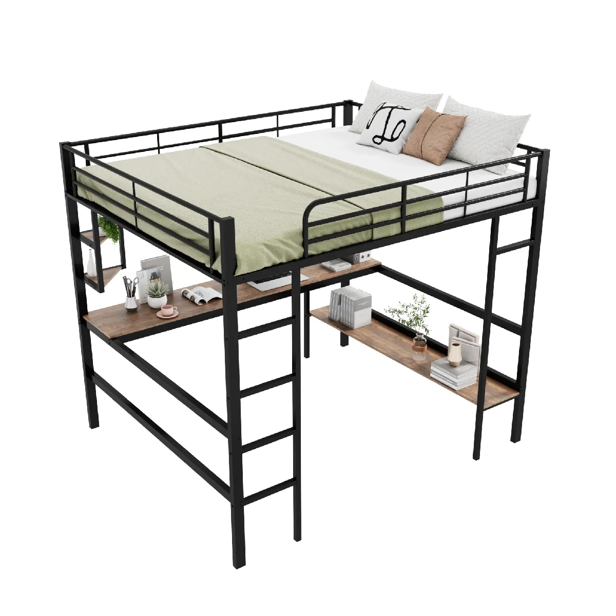 Lit mezzanine en métal noir avec bureau et rangements 140 x 200 cm