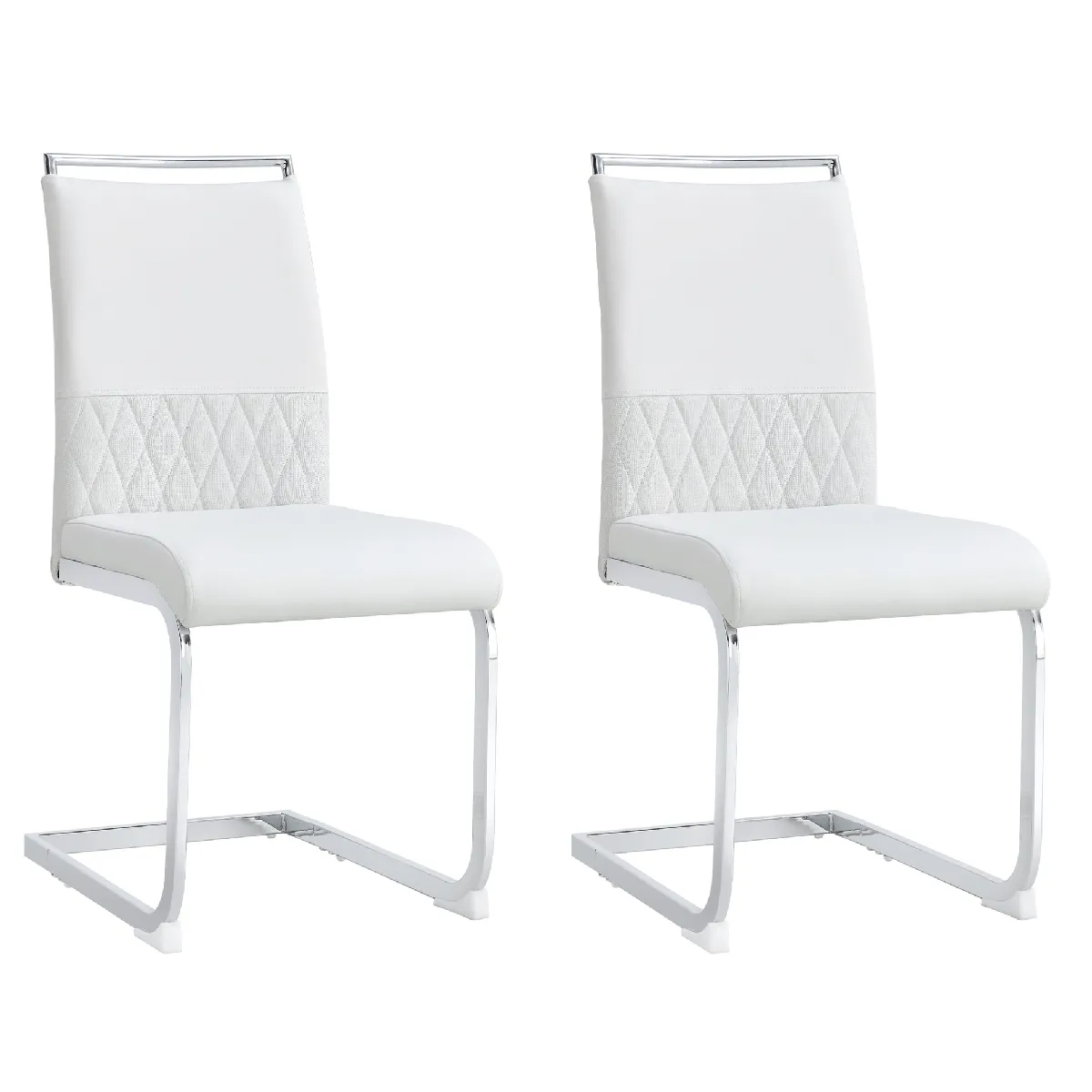 Chaise de Salle à Manger - Lot de 2 Chaises en PU et Lin Blanc, Dossier à Rayures, Pieds Métalliques, Style Moderne, 48x42x95 cm