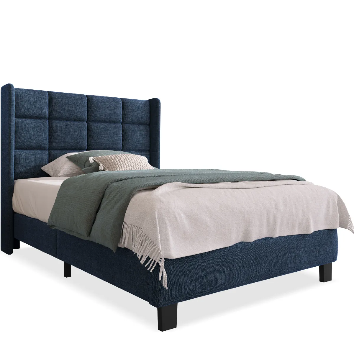 Lit simple 90x200 cm - Lit adulte capitonné avec sommier à lattes - Lin - Sans Matelas - Bleu