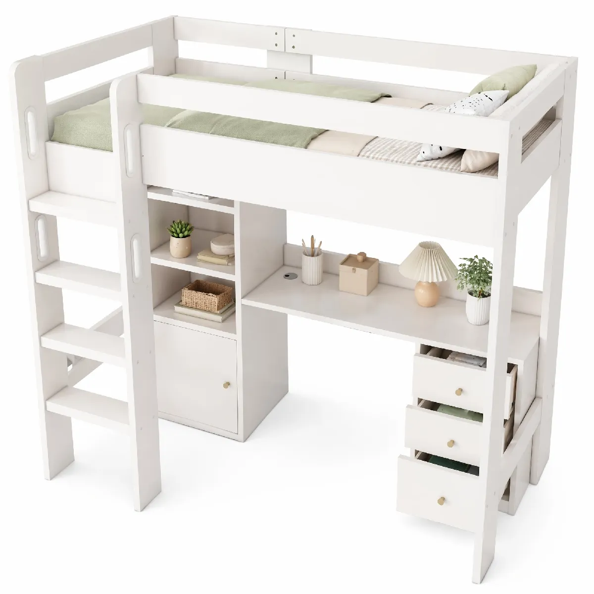 Lit mezzanine 90 x 200 cm en bois blanc avec bureau et rangement
