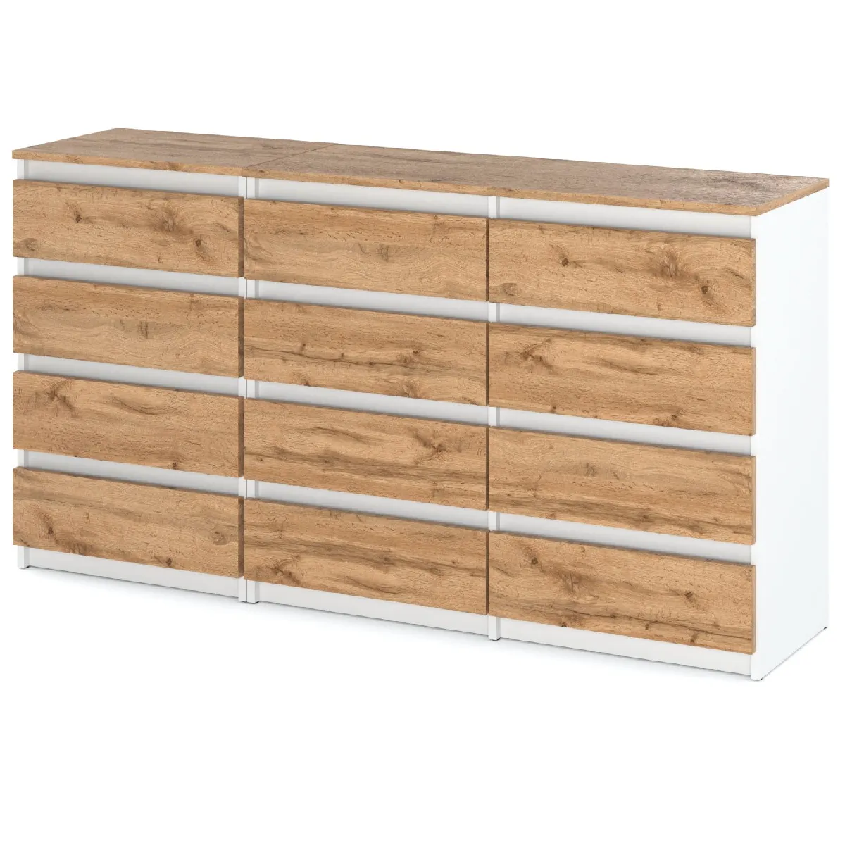 Grande Commode 180 cm 12 Tiroirs Blanc Mat Chêne Wotan - Meuble TV Buffet Rangement Salon Chambre